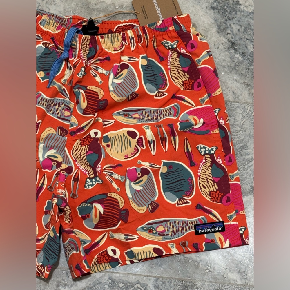 Patagonia Men's Orange Multi Fish Print Board Shorts - Picture 3 of 5